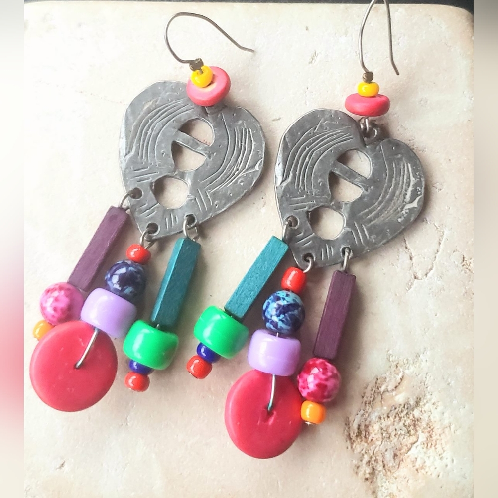 Southwestern Navajo silver etched colorful beaded Dangle earrings